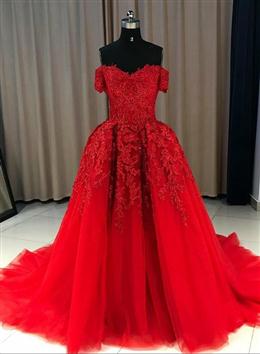 Picture of Red Color Gorgeous Sweetheart Off Shoulder Lace Applique Ball Gown Prom Dresses, Red Color Evening Dresses Party Dresses